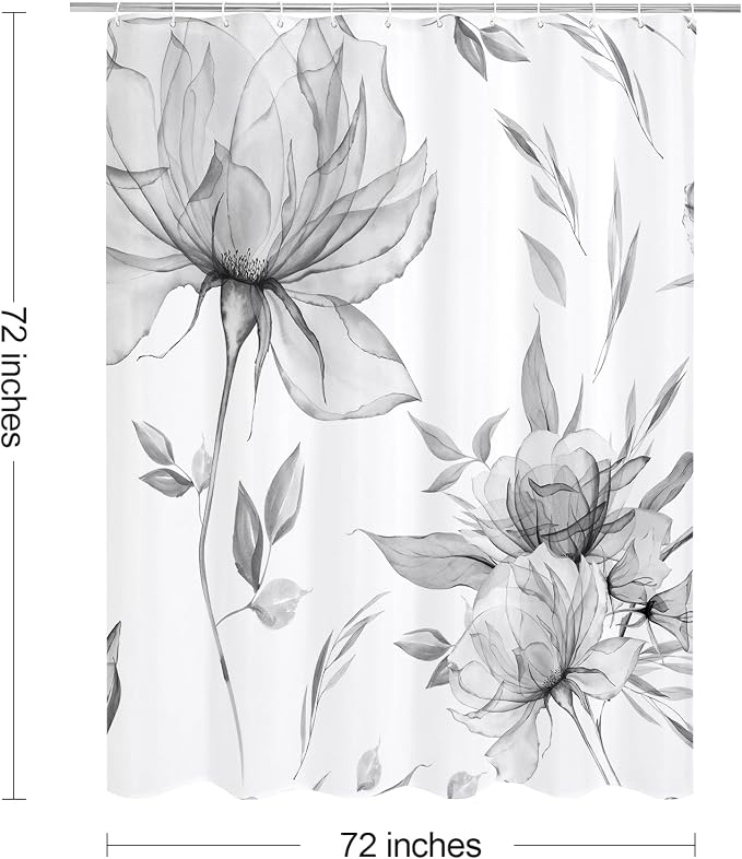 Grey Boho Watercolor Floral Shower Curtain, Ink Painting Style Blossom & Leaf - Image 6
