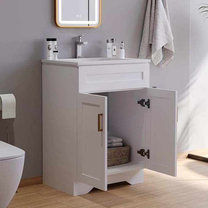 Bathroom 24" Vanity with Ceramic Sink, Wooden Double Door Bathroom Storage - Image 7