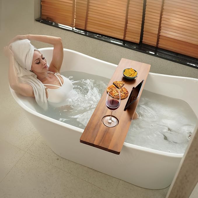 Tinamo Acacia Bathtub Caddy Tray Table | 35x9 Inch Large Bath Tub Tray Wooden | - Image 5