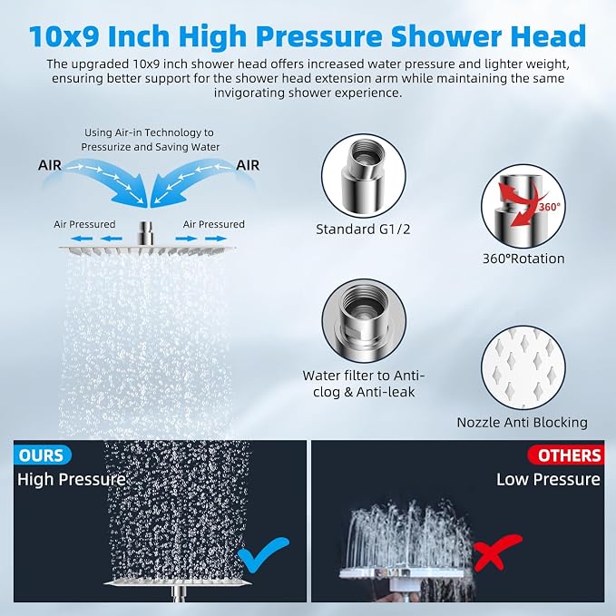 Hibbent All Metal 10'' Dual Filtered Rainfall Shower Head Combo, High Pressure - Image 6