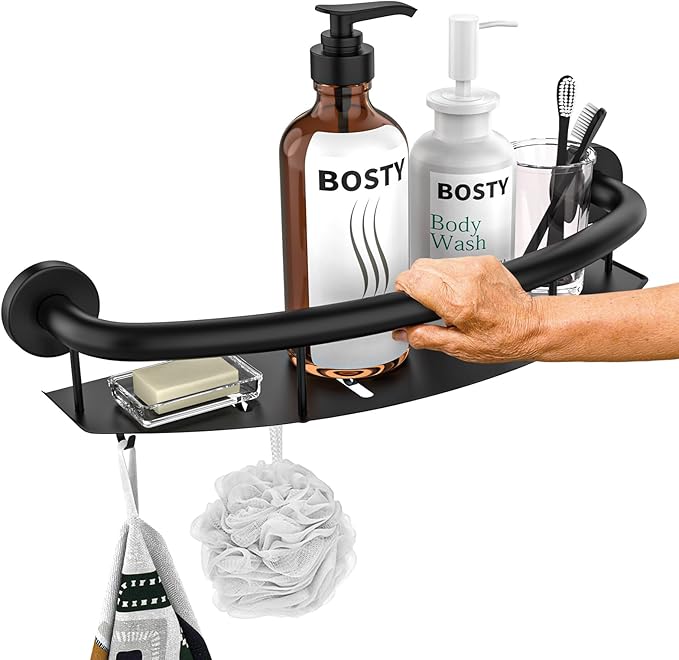 Black Shower Grab Bar Shelf 18 Inch, Zepolu Stainless Steel Shampoo Shelf Grab by Zepolu