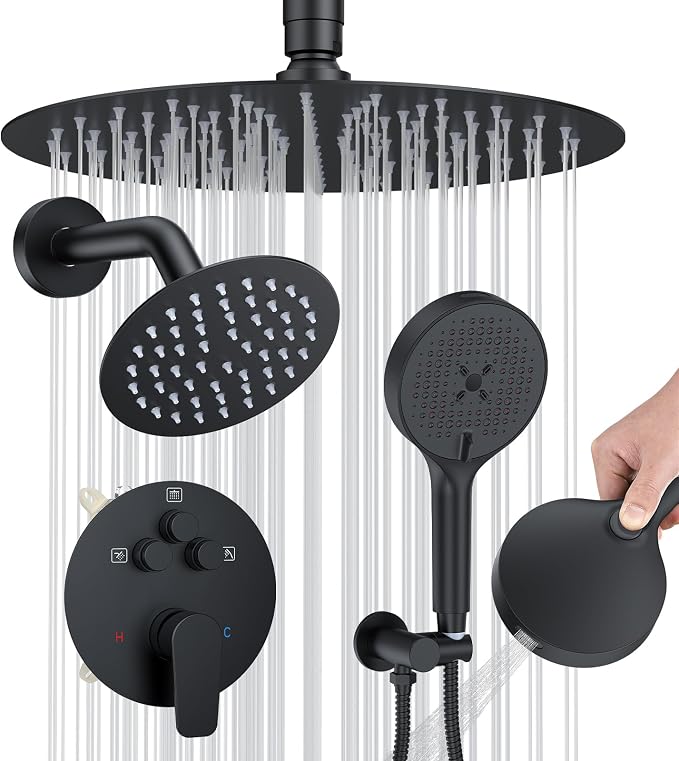 Shower Faucet Set Matte Black Shower System, Round Rain Shower Head and by YMHSOLDR