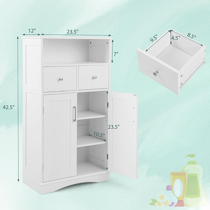Tangkula Bathroom Cabinet, Floor Standing Storage Organizer w/2 Drawers & 2 - Image 3