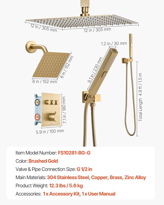VEVOR Shower Faucet Set, 12 Inch Thermostatic Ceiling Mount Rainfall Shower - Image 7