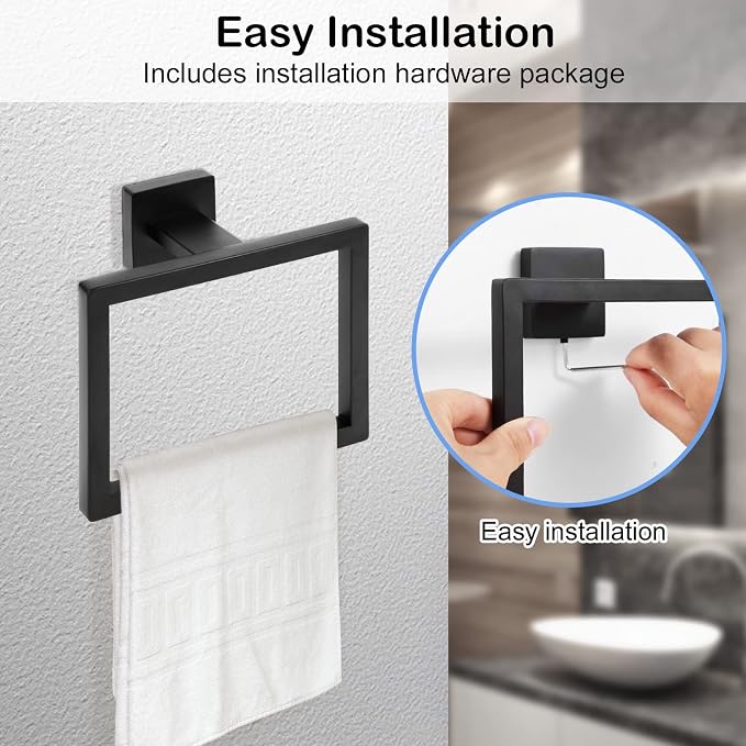 2-Piece Matte Black Square Towel Ring, Modern Hand Towel Holder - Image 3
