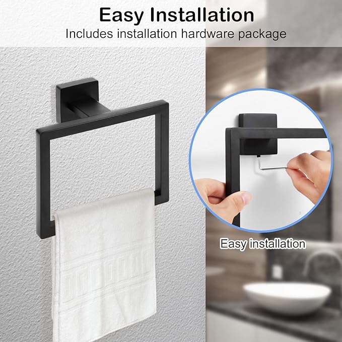 Matte Black Towel Ring, Square Hand Towel Holder, Towel Hanger, Bathroom - Image 4