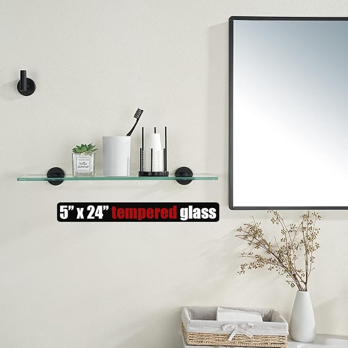 JQK Bathroom Glass Shelf Black, Tempered Glass Shower Storage 24 by 5 inches - Image 2