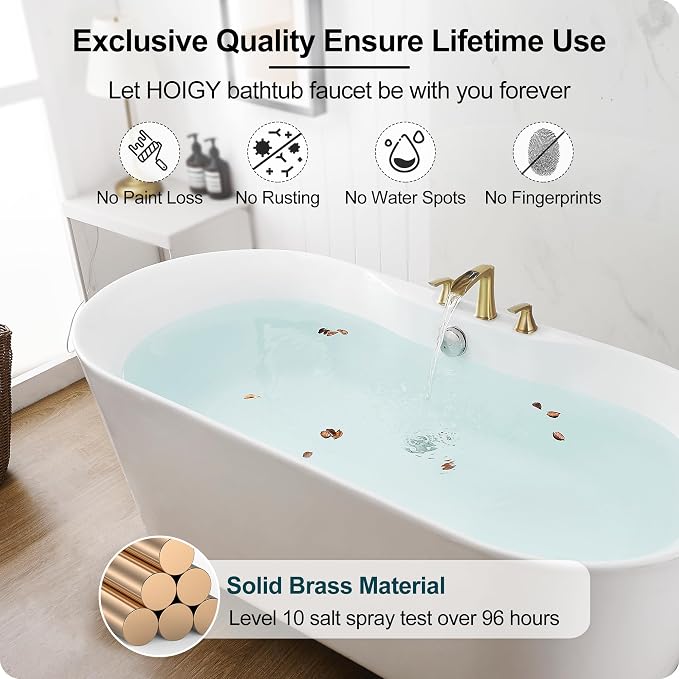 Brass Waterfall Tub Faucet, 3 Hole Brushed Gold Bathtub Faucet Set, 6-16 Inch - Image 5