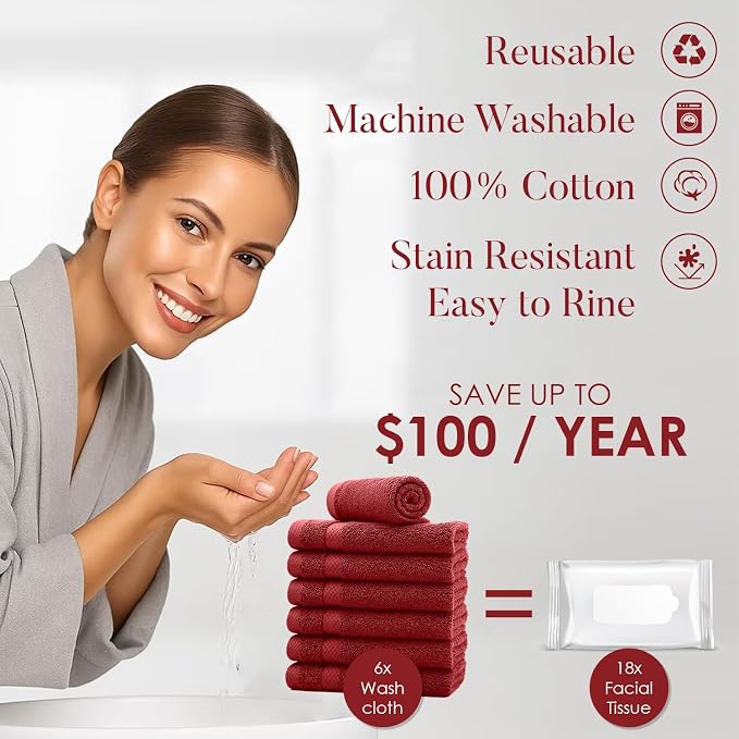 DAN RIVER 12-Pack Premium 100% Cotton RED Face Towels – Reusable Face Towel Set - Image 3