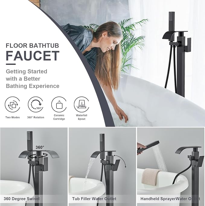Senlesen Matte Black Free Standing Tub Faucet Floor Mounted Tub Filler Faucet - Image 2