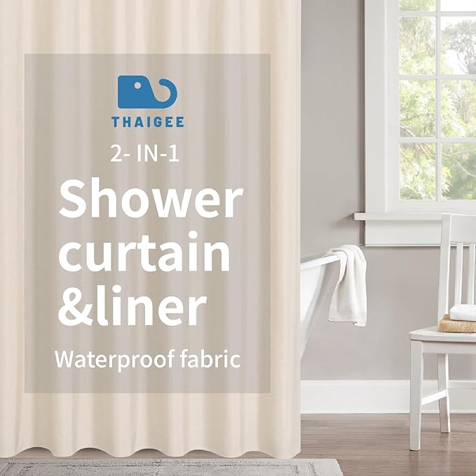 2-in-1 Waterproof Long Fabric Shower Curtain or Liner, Linen Textured, 78 Inch by THAIGEE