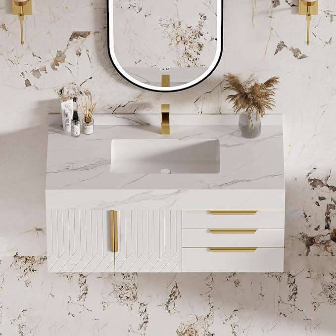 homary 35" White Floating Bathroom Vanity Set, Wall-Mounted Single Sink Cabinet - Image 7