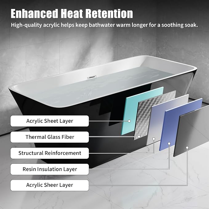 67 Inch Freestanding Acrylic Bathtub, Modern Black Soaking Tub - Image 5