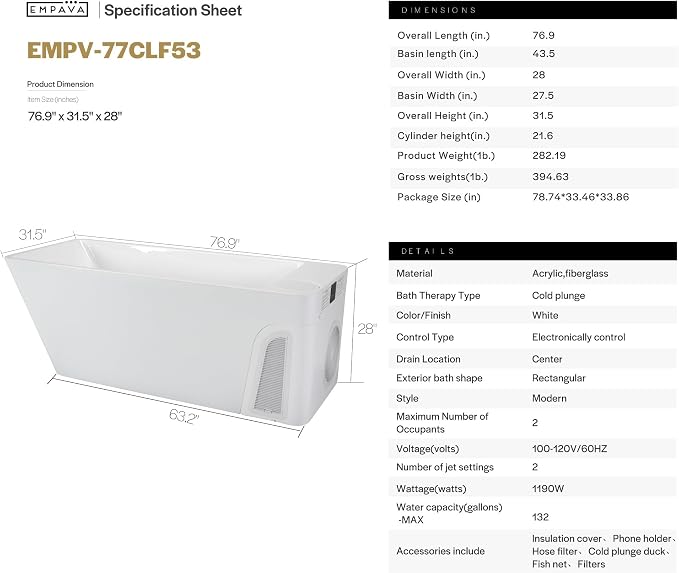 Empava Cold Plunge Tub with Water Chiller – Smart Ice Bathtub, 37°F–86°F Cooling - Image 2