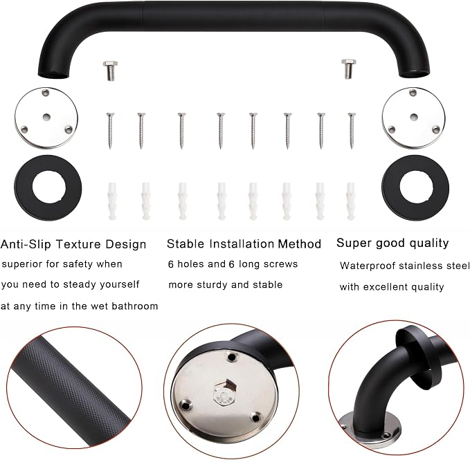 Shower Grab Bar, 2 Pack 16 Inch Black Bathroom Grab Bar, 1.25" Diameter 304 - Image 3