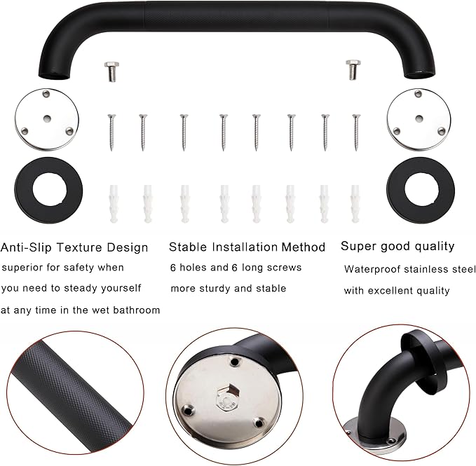Shower Grab Bar, 2 Pack 24 Inch Black Bathroom Grab Bar, 1.25" Diameter 304 - Image 3