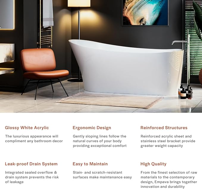 Empava Freestanding Bathtub, Non-Slip Flat Bottom, Glossy White, cUPC Certified - Image 3