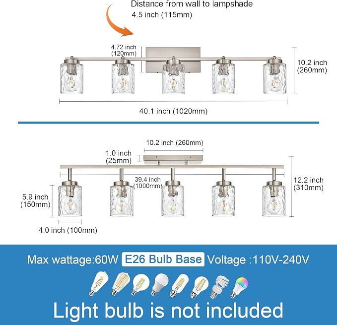 5-Light Industrial Bathroom Vanity Lights, Brushed Nickel Track Lighting Wall - Image 6