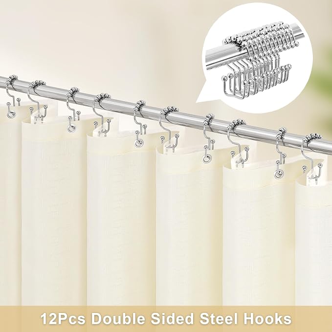 MitoVilla 3 in 1 Shower Curtain Set, Cream Boho Farmhouse Linen Textured Bath - Image 2