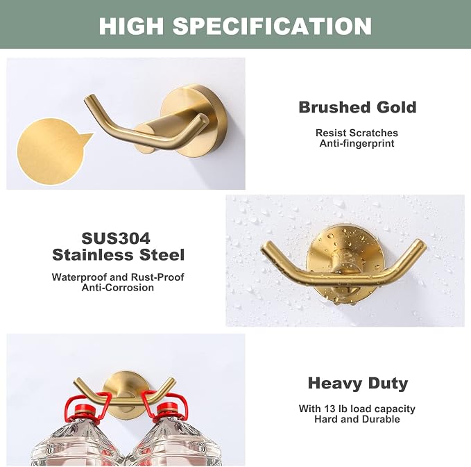 ARCORA Brushed Gold Towel Hooks, SUS 304 Stainless Steel Wall Hooks, Heavy Duty - Image 4