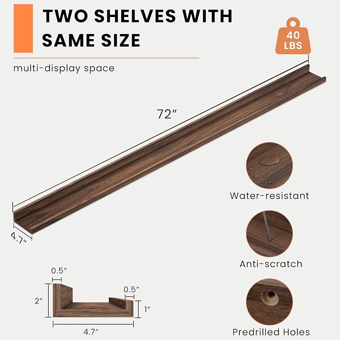 Heimlove Picture Ledge Shelf, Floating Shelves Set of 2, 72 Inches Long Large - Image 3