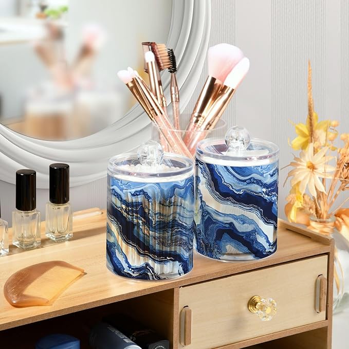 MNSRUU 2 Pack Qtip Holder Organizer Dispenser Blue Marbling Bathroom Storage - Image 6