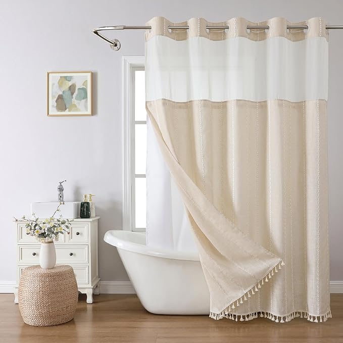 Boho Farmhouse No Hook Shower Curtain Set by EACHOPE