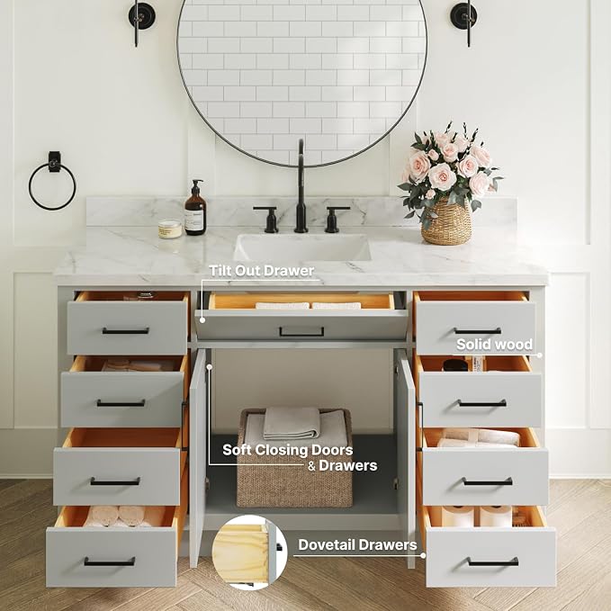 ARIEL 61" Grey Bathroom Vanity, 1.5" Edge Italian Carrara Marble Countertop & - Image 3