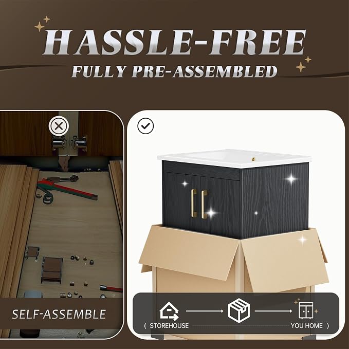 phiestina Fully Pre-Assembled Black 24 inch Bathroom Vanity, 2 Soft Close Doors - Image 5