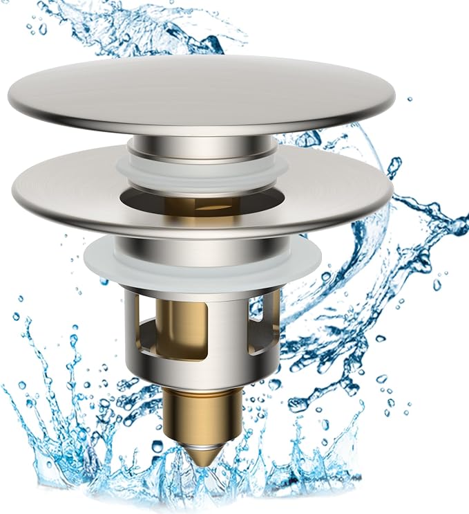 Hibbent All Metal 2 in 1 Bathroom Sink Stopper, Universal Pop Up Drain Strainer by Hibbent