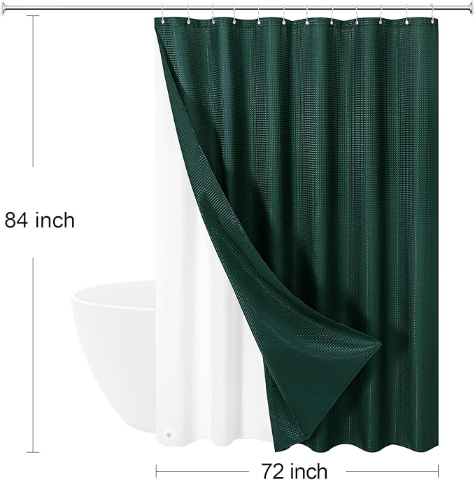 3 in 1 Extra Long Dark Green Shower Curtain Set-72 W x 84 H, Modern Waffle and - Image 8