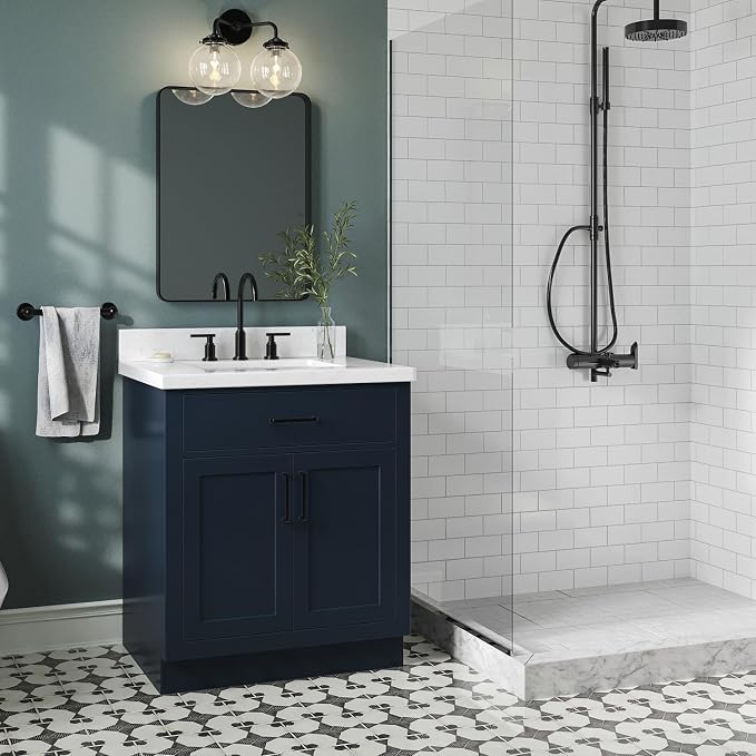 ARIEL Bathroom Vanity, Midnight Blue, Carrara White Quartz Top 1.5" Edge - Image 3
