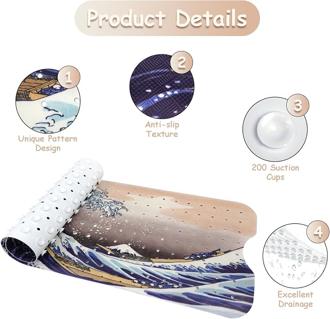 Bathtub Mat Non Slip, Japanese Wave Extra Long Bath tub Mat Shower Floor Mat - Image 3