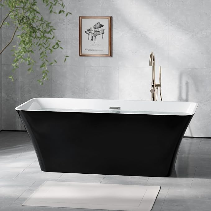 67 Inch Freestanding Acrylic Bathtub, Modern Black Soaking Tub by Unknown