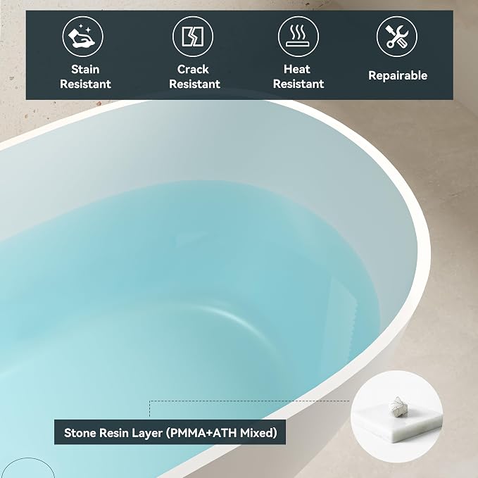 FerdY Fiji 59" Stone Resin Freestanding Bathtub, Elegant Oval Freestanding - Image 6
