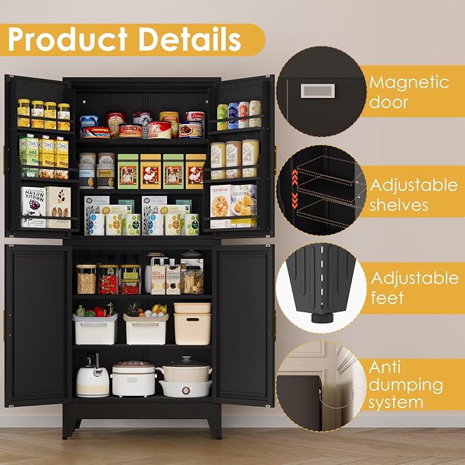 75" Tall Metal Kitchen Pantry Storage Cabinet, Freestanding Cupboard Storage - Image 4