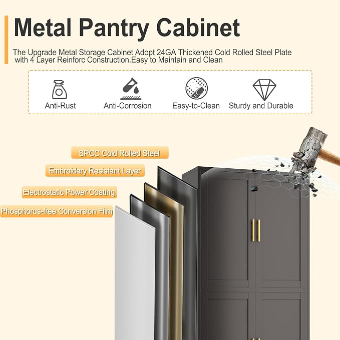 75" Tall Metal Kitchen Pantry Storage Cabinet, Freestanding Cupboard - Image 5