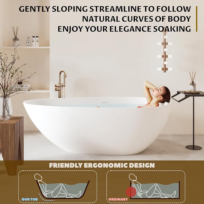 67 in Solid Surface Freestanding Bathtub, Contemporary Oval Shape Soaking Tub - Image 5