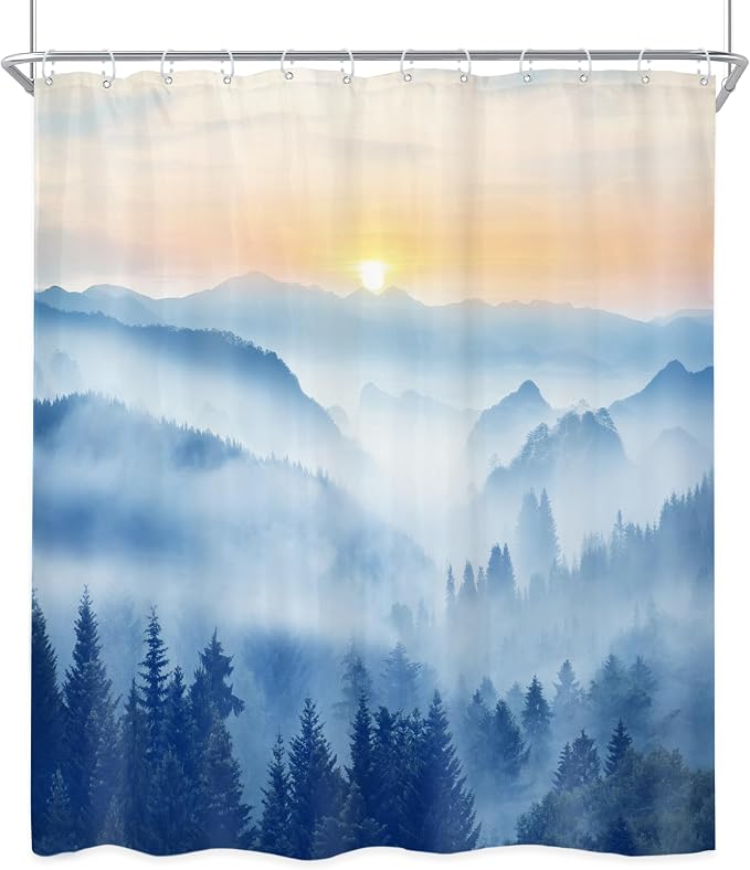 Riyidecor Misty Mountain Shower Curtain 60Wx72H Inch Blue Spring Scenery - Image 8