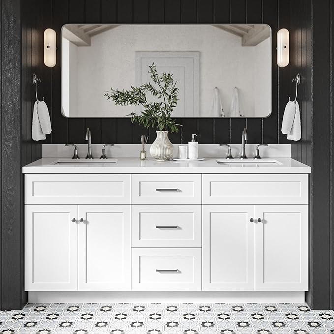 ARIEL 73" White Double Vanity 1.5" Edge Pure White Quartz Countertop & Splash by Ariel