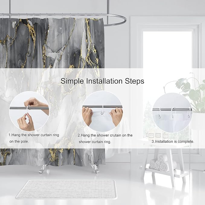 Domoku Brown Gold Marble Shower Curtain, Waterproof Texture Washable Fabric - Image 5