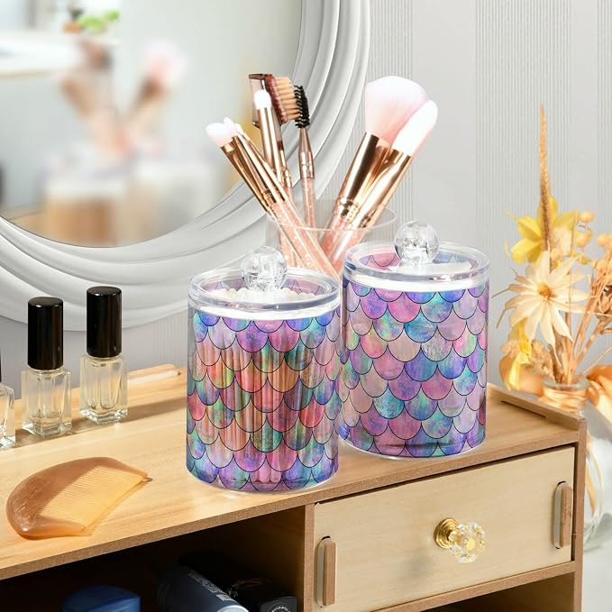 MNSRUU 2 Pack Qtip Holder Organizer Dispenser Colorful Mermaid Scales Bathroom - Image 6