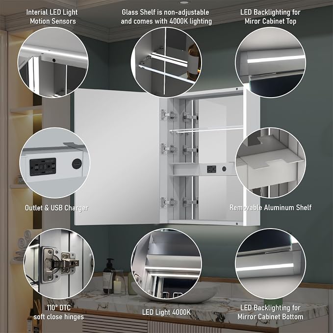 WELLFOR 24" x 30" LED Mirrored Bathroom Cabinet, Mirror Medicine Cabinet - Image 7