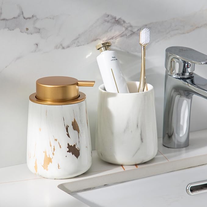 Enra Ceramic Gold Foaming Soap Dispenser, 12 oz Marble Foam soap Dispenser - Image 4