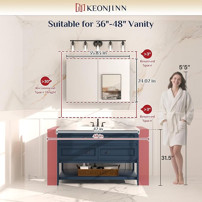 Keonjinn 36 x 24 Inch Bathroom Mirrored Medicine Cabinet, Lightweight Aluminum - Image 6