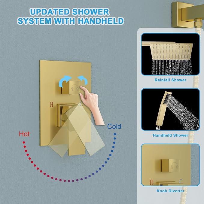 Lordear 12 Inch Rainfall Shower System Wall Mounted Shower Head Faucet Set Gold - Image 5