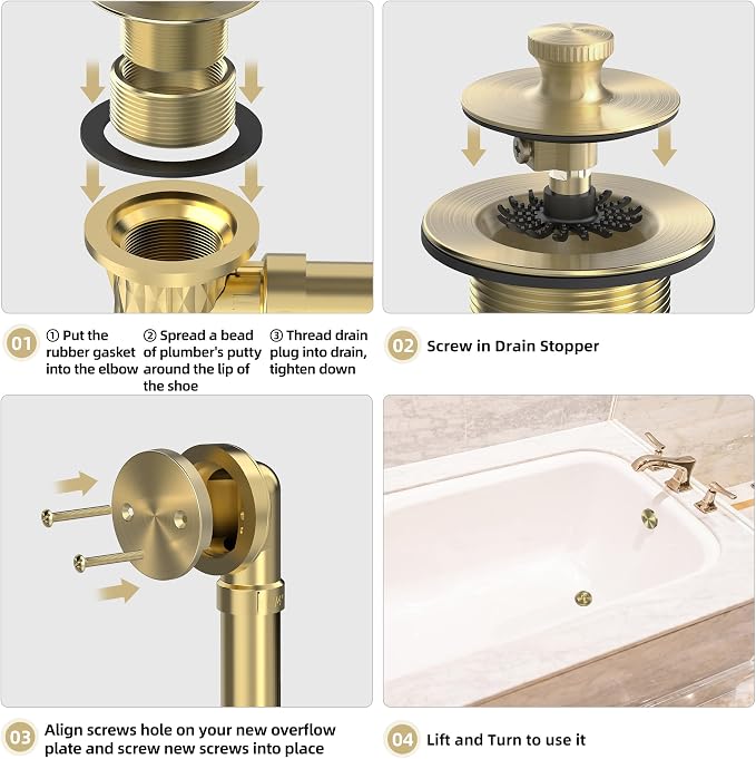 Brushed Gold Bathtub Drain, Hair Catcher and 2-Hole Overflow Faceplate - Image 7