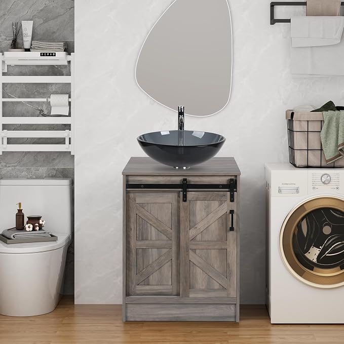 24 Inch Barn Door Bathroom Vanity, Farmhouse Style Standing Pedestal Cabinet by Solidee