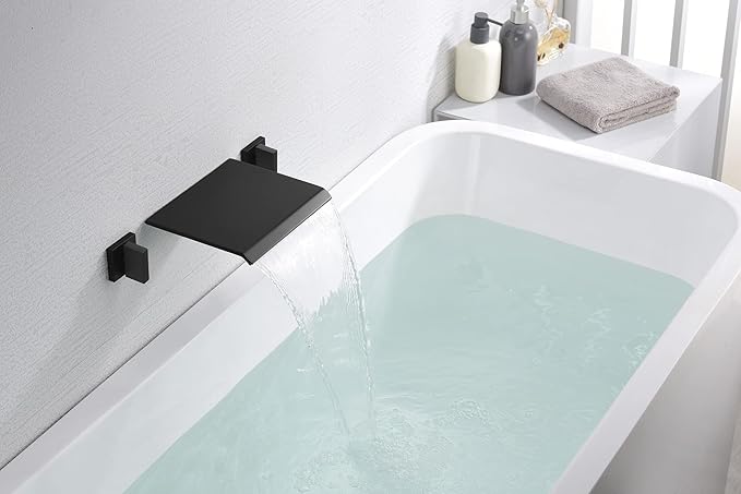 SUMERAIN Matte Black Wall Mount Bathtub Faucet Waterfall Tub Filler Two Handles - Image 5