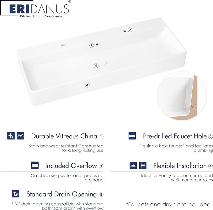 Eridanus Bathroom Sink Rectangle 43" x 16", Two Hole Vitreous Ceramic Vessel - Image 3